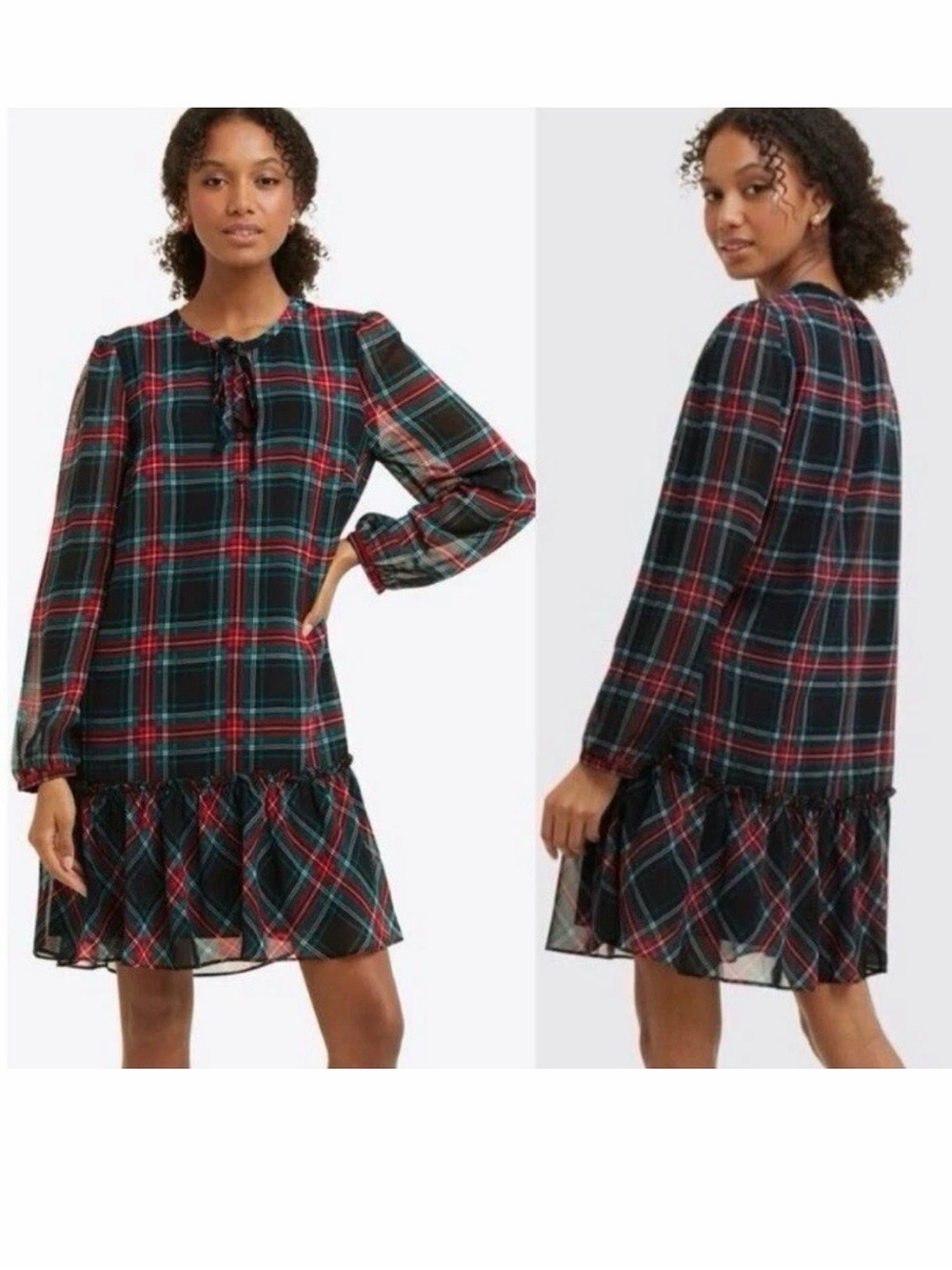 Draper James Black and Red Plaid Ruffle-Hem Long Sleeve Dress